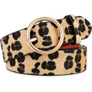 Women Leather Belt with Circle Gold Buckle Fashion Ladies Waist Belt Leopard